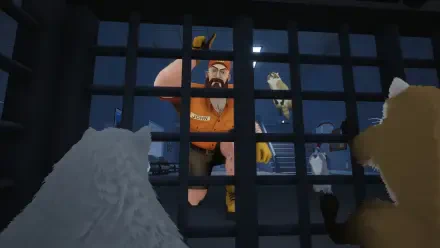 4K Ultra HD PC wallpaper from a video game: Dumpster Gang prisoner — a bearded man in orange behind jail bars watched by two dogs through a cell grate.