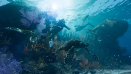 4K Ultra HD PC desktop wallpaper: Grand Theft Auto VI video game scene of divers swimming with a sea turtle underwater.