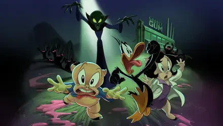 HD PC desktop wallpaper from The Day the Earth Blew Up: A Looney Tunes Movie—Looney Tunes characters flee glowing pink slime as a menacing shadowy alien looms under a moonlit sky.