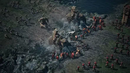 4K Ultra HD PC desktop background: Game of Thrones: War for Westeros video game battle with armies clashing and giant monsters on a stormy shoreline.