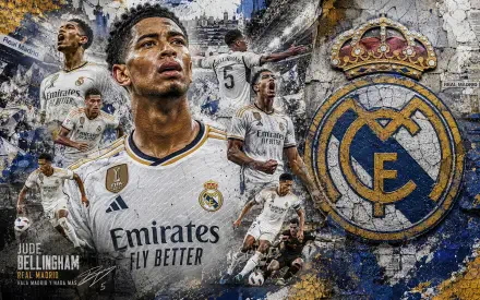 4K Ultra HD PC desktop wallpaper of a Real Madrid soccer player in white kit amid dynamic action shots and a prominent club crest.