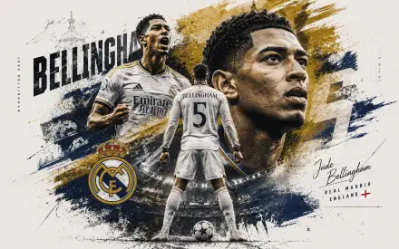 4K Ultra HD soccer wallpaper of a Real Madrid C.F. player shown in multiple action portraits, club crest, textured gold-blue brushstrokes and a central back view standing over a football.