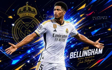 4K Ultra HD desktop wallpaper: Real Madrid soccer player in white kit celebrating with club crest, dynamic blue and gold streaks — sports-themed PC background.