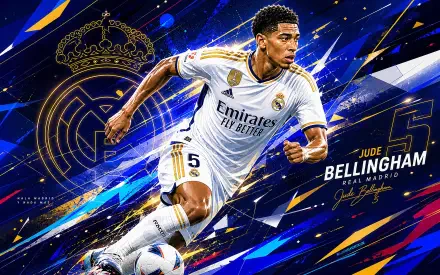 Dynamic 4K soccer wallpaper of a Real Madrid player in white kit sprinting with the ball, club crest and vibrant blue-and-gold graphic background.