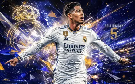 4K PC desktop wallpaper of a Real Madrid soccer player in white kit, No.5, exploding through blue-and-gold energy effects with club crest and stadium lights in the background.