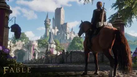 HD PC desktop wallpaper from Fable (2027): a knight on horseback overlooking a sunlit, fairy-tale castle and bustling village set in lush, detailed fantasy scenery.