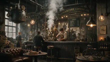 4K Ultra HD PC desktop wallpaper: vintage coffee shop interior cafe — barista pulls coffee on a steam-driven machine amid warm lamps and seated patrons.