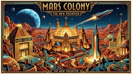 5K Ultra HD PC desktop wallpaper of a bustling Mars colony: domed habitats, towers and launch pads on red rock, a spaceship streaking across a starry sky with a blue planet.