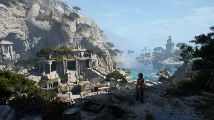 HD PC desktop wallpaper from the video game Resonance: A Plague Tale Legacy — a lone figure stands on a cliff overlooking sunlit coastal ruins and a lush gaming environment.