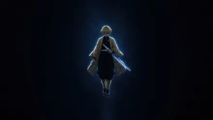 5K Ultra HD PC desktop wallpaper/background: Zenitsu Agatsuma (anime) floating with a glowing sword in a dark void, rimmed by a soft halo of light.