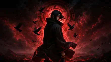 Ryomen anime character in a dark cloak stands against a swirling red storm with circling crows, dramatic 4K Ultra HD PC desktop wallpaper background.