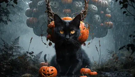Black Halloween cat with glowing amber eyes among carved pumpkins and a foggy forest, eerie wreath behind — 2K Quad HD PC desktop wallpaper/background.