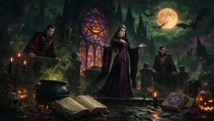 2K Quad HD PC desktop wallpaper/background: Halloween gothic scene — a witch by a moonlit cauldron, open spellbook, stained-glass window and shadowy robed figures.