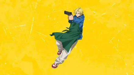 Sakamoto Days 4K Ultra HD PC desktop wallpaper: Sakamoto in a green apron and blue jacket aims a handgun against a textured bright yellow background.