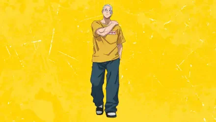 Sakamoto from Sakamoto Days stands with arms crossed against a textured yellow backdrop — 4K Ultra HD PC desktop wallpaper.
