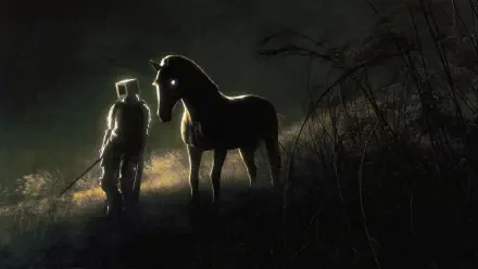 4K Ultra HD PC desktop wallpaper and background: digital art of an alone man and horse at night, backlit on a misty path with tall grass silhouettes.
