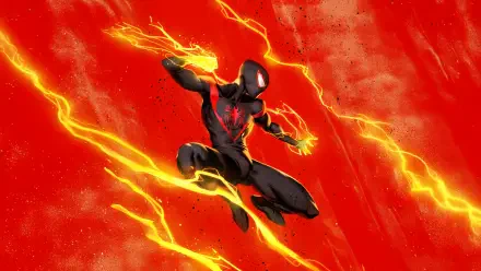 Miles Morales as Spider-Man in a black-and-red suit, leaping through a red backdrop with streaks of yellow lightning — 5K Ultra HD PC desktop wallpaper