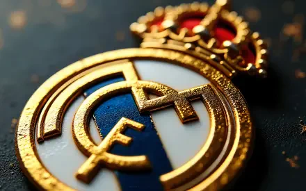 4K Ultra HD PC desktop wallpaper: close-up of Real Madrid C.F. gold-and-blue crest with crown, textured metallic detail on dark background — soccer club emblem for sports fans.