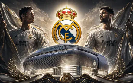 4K Ultra HD PC desktop wallpaper: Real Madrid C.F. crest above an illuminated stadium, two players in white kits flank the emblem — soccer sports background.