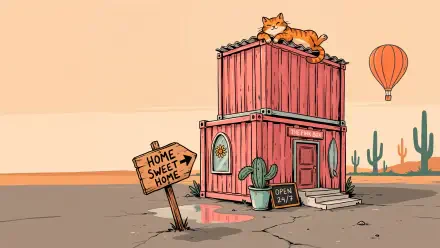 4K Ultra HD PC desktop wallpaper: a pink container-house shack in a desert with cacti, a cat lounging on the roof, a Home Sweet Home sign and a distant hot-air balloon.