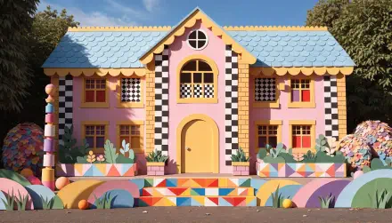 4K Ultra HD PC desktop wallpaper background: cute schoolhouse-style building with pastel pink façade, blue roof, checkerboard accents and colorful geometric garden.