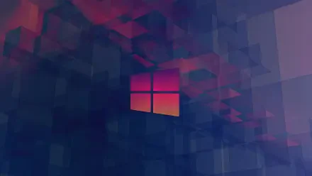 Microsoft Windows 11 4K Ultra HD PC desktop wallpaper: glowing Windows logo centered in an abstract field of blue and magenta translucent cubes.