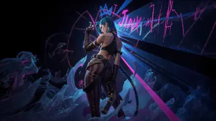 Digital art 4K Ultra HD PC desktop wallpaper of Jinx (League of Legends): blue-haired rebel with guns, back-turned pose amid neon pink graffiti and a shattered cityscape.