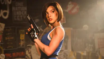 Jill Valentine (Resident Evil) aims a pistol in a gritty, dim garage scene — 4K Ultra HD PC desktop wallpaper/background