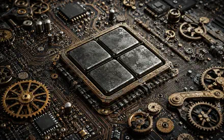 Old metal Windows 11 logo set into a steampunk circuit board, surrounded by gears and cogs — 4K Ultra HD PC desktop wallpaper/background.