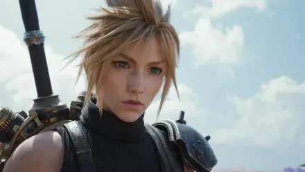 Cloud Strife close-up from Final Fantasy VII Rebirth — Final Fantasy 4K Ultra HD PC desktop wallpaper: detailed portrait with Buster Sword and cloudy sky