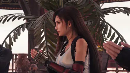 Side profile of Tifa Lockhart from Final Fantasy VII Rebirth, hands clasped, wearing white tank top and gauntlets, tropical foliage behind — 4K Ultra HD PC desktop wallpaper/background.