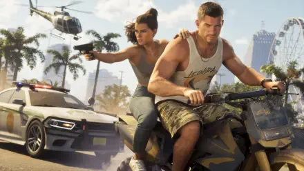 Grand Theft Auto VI video game 4K PC wallpaper: Jason speeds an ATV while Lucia fires a pistol as police cars and a helicopter pursue through palm-lined city streets.