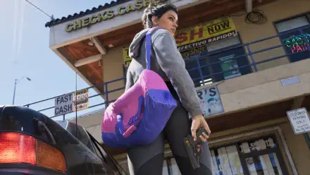 4K Ultra HD PC wallpaper: Lucia from Grand Theft Auto VI (Vice City) stands by a car with a pink‑purple bag and handgun in front of a sunlit storefront, Grand Theft Auto style.