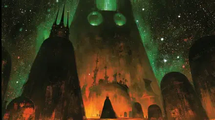 2K Quad HD PC desktop wallpaper — a towering fantasy fortress with spired tower beneath a glowing green starfield, fiery-lit ramparts and silhouetted castle forms.