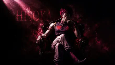 4K Ultra HD PC desktop wallpaper: Hisoka (Hunter × Hunter) seated in a dark armchair, surrounded by red-black smoke and dramatic anime lighting, smirking menacingly.