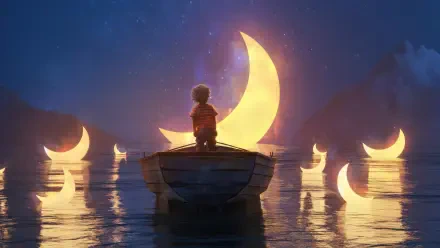 4K Ultra HD PC desktop wallpaper and background: a boy stands in a boat on a calm sea, surrounded by glowing crescent moons reflecting softly on the water.