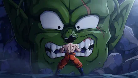 HD PC desktop wallpaper: Dragon Ball Z scene of Goku in orange gi confronting the giant green-faced villain Slug, dramatic lighting and rubble-strewn battleground.