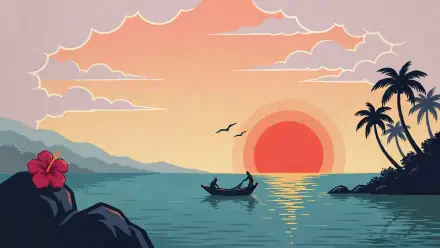 4K Ultra HD PC desktop wallpaper: tropical sunset over the ocean with a silhouetted boat, palm trees on the shore, distant mountains, seabirds and a hibiscus on a rocky foreground.