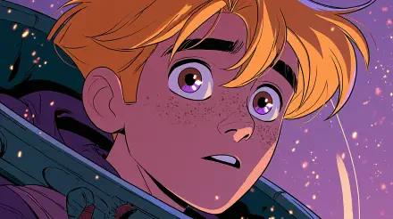 Anime portrait of a freckled blond boy with wide purple eyes and sparkles — 2K Quad HD PC desktop wallpaper/background.