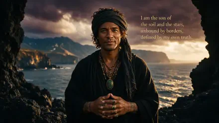 4K Ultra HD PC desktop wallpaper/background: portrait of a man with a headwrap and layered necklaces, hands clasped on a rocky coast at sunset beneath a dramatic sky and ocean.