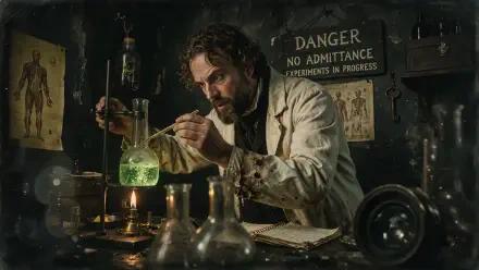 4K Ultra HD PC wallpaper of a mad scientist in a shadowy laboratory mixing a glowing green experiment amid glassware, beneath a Danger: No Admittance — Experiments in Progress sign.
