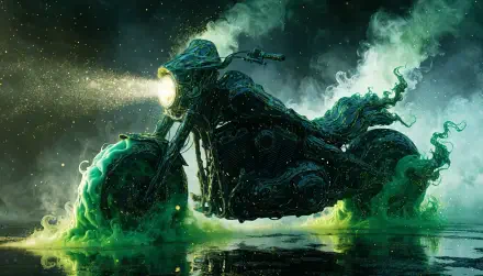 4K Ultra HD PC wallpaper of a ghostly rider on a Harley-Davidson motorcycle, neon-green smoke and flames from the wheels, headlight cutting through mist over reflective ground.