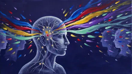 Abstract 4K Ultra HD PC desktop wallpaper: human head profile with illuminated brain networks and colorful emotion streams radiating outward against a deep space background.