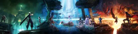HD PC wallpaper of the video game Final Fantasy: Cloud Strife, Tifa Lockhart, and Aerith Gainsborough gathered around a glowing water shrine in a luminous blue-green cavern.