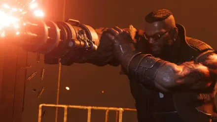 Barret Wallace from Final Fantasy VII fires his arm cannon, muzzle flash illuminating his face and armored gauntlet — cinematic HD PC desktop wallpaper.