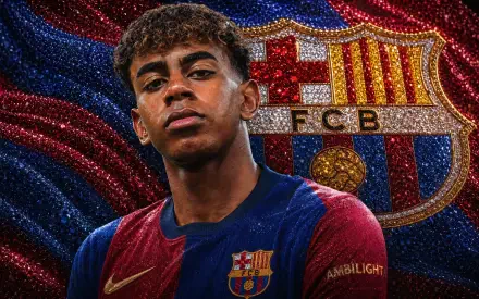 4K Ultra HD desktop wallpaper of a young FC Barcelona soccer player in club kit posed before a large Barcelona crest — energetic sports portrait background.