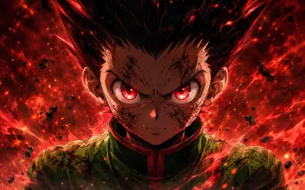 Gon Freecss (Hunter x Hunter) close-up, blood-smeared face and glowing red eyes surrounded by a blazing red aura — 4K Ultra HD PC desktop wallpaper