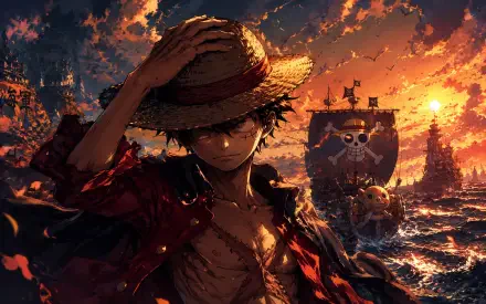 Monkey D. Luffy (One Piece) at sunset, straw hat shadowing his face, pirate ship with Jolly Roger on a fiery sea — 4K Ultra HD PC desktop wallpaper/background.