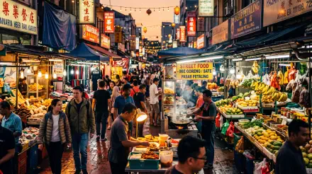 5K Ultra HD PC desktop wallpaper and background of a bustling night street market: crowded street market lined with street food stalls, produce vendors and warm lanterns.