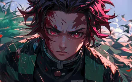 Dramatic close-up of Tanjiro Kamado (anime) with a blood-smeared face, fierce red eyes, windswept hair and checkered haori, 4K Ultra HD PC desktop wallpaper.